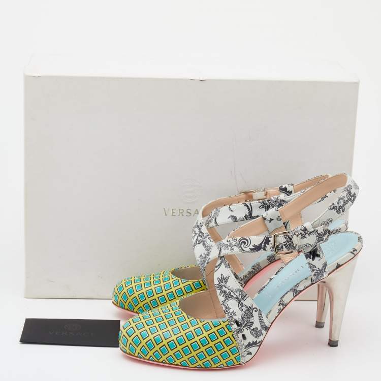 Pre Owned Versace Multicolor Printed Leather Criss Cross Slingback Sandals Size 37