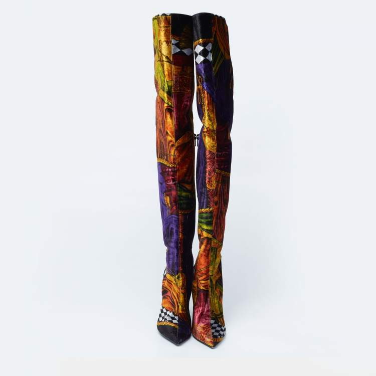Pre Owned Versace Multicolor Velvet Pointed Toe Over The Knee Boots Size 37
