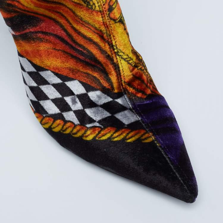 Pre Owned Versace Multicolor Velvet Pointed Toe Over The Knee Boots Size 37