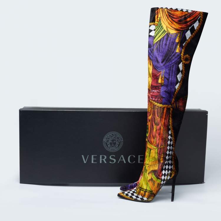 Pre Owned Versace Multicolor Velvet Pointed Toe Over The Knee Boots Size 37