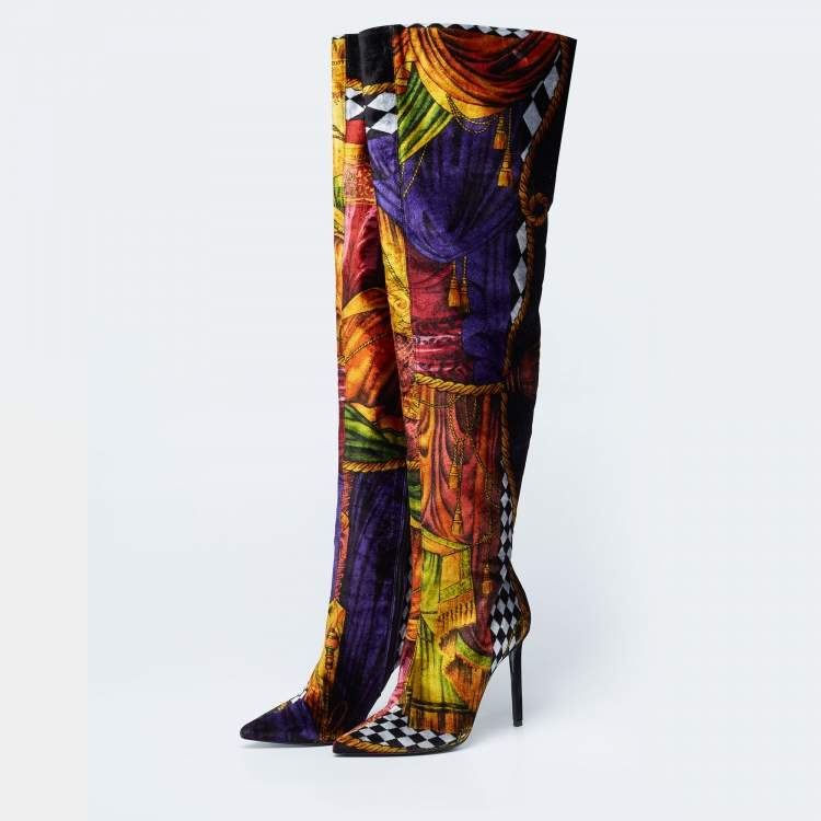 Pre Owned Versace Multicolor Velvet Pointed Toe Over The Knee Boots Size 37