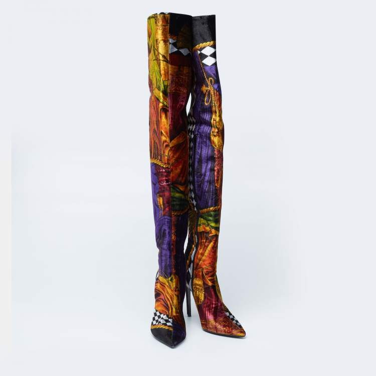 Pre Owned Versace Multicolor Velvet Pointed Toe Over The Knee Boots Size 37