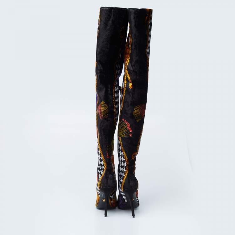 Pre Owned Versace Multicolor Velvet Pointed Toe Over The Knee Boots Size 37
