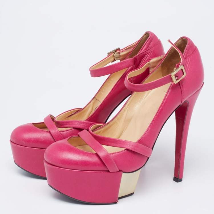 Pre Owned Versace Pink Leather Platform Mary Jane  Pumps Size 36