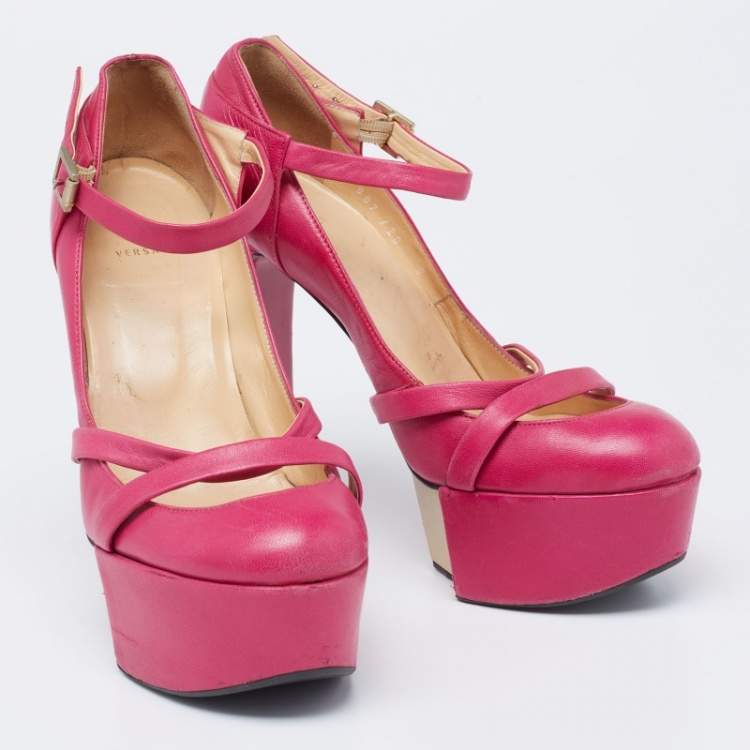 Pre Owned Versace Pink Leather Platform Mary Jane  Pumps Size 36