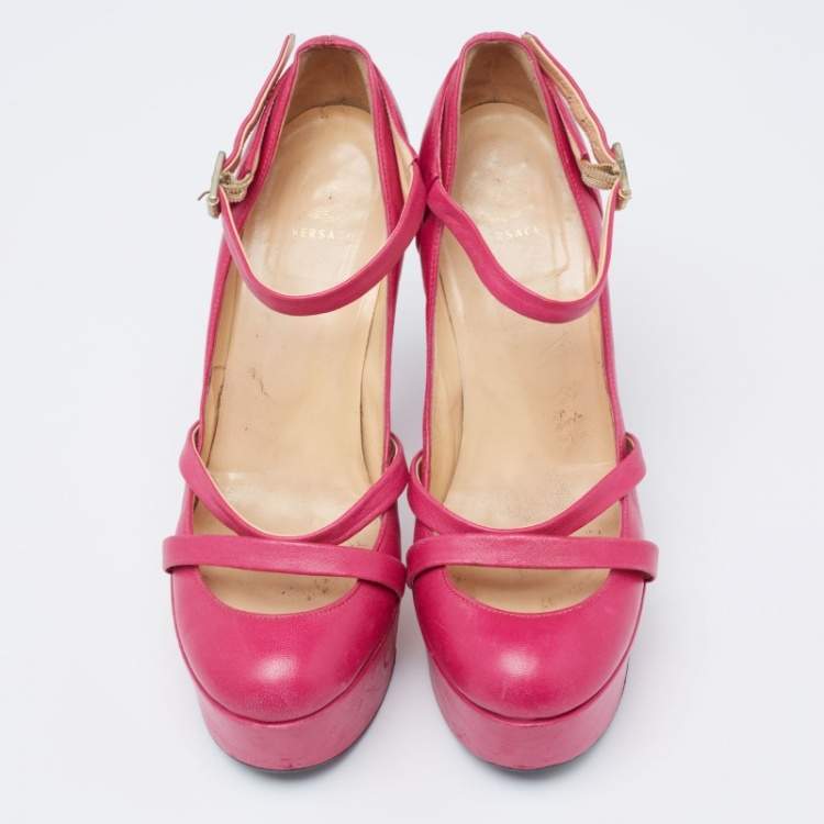 Pre Owned Versace Pink Leather Platform Mary Jane  Pumps Size 36