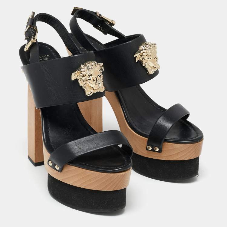 مملوكة مسبقًا Versace Black Leather Medusa Wooden Block Heel Platform  Sandals Size 40