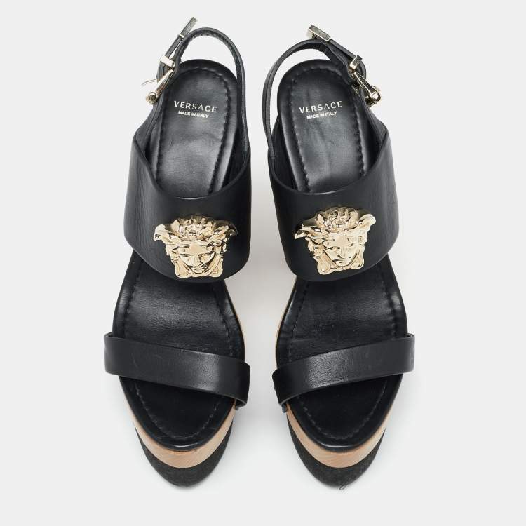 مملوكة مسبقًا Versace Black Leather Medusa Wooden Block Heel Platform  Sandals Size 40