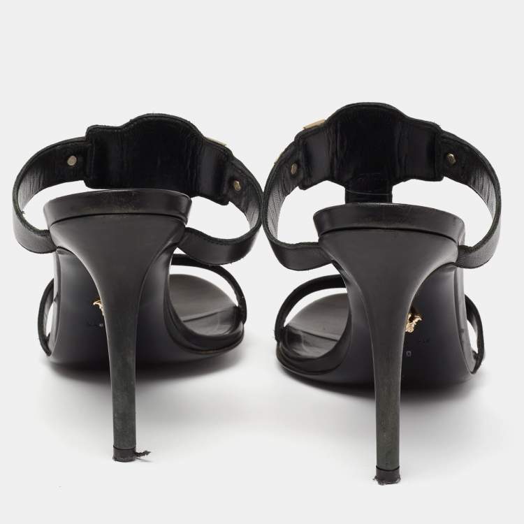 Pre Owned Versace Black Leather Medusa Slide Sandals Size 40