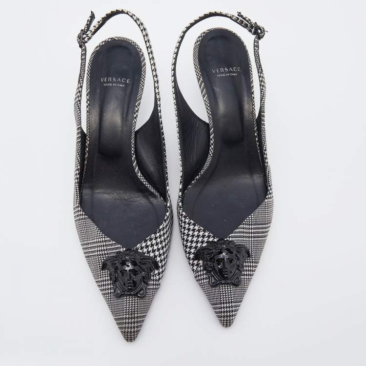 Pre Owned Versace Black/White Houndstooth Fabric Palazzo Medusa Slingback Sandals Size 40