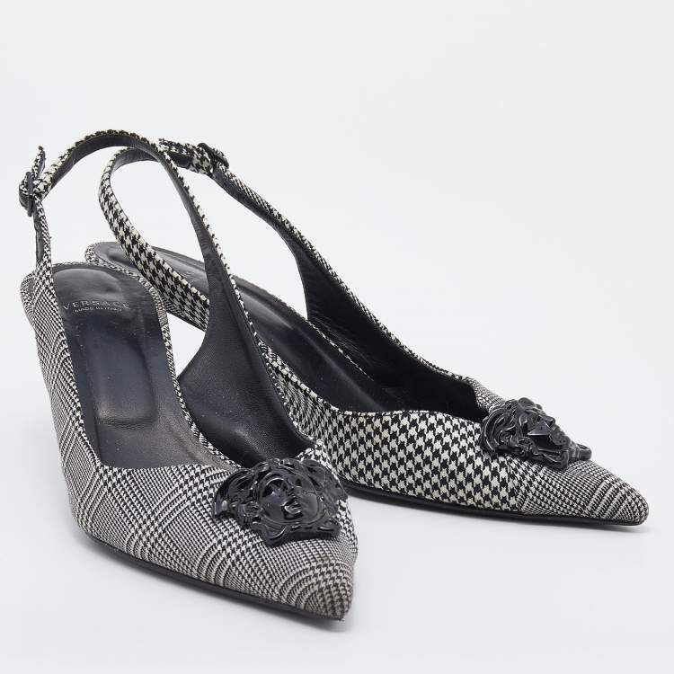 Pre Owned Versace Black/White Houndstooth Fabric Palazzo Medusa Slingback Sandals Size 40