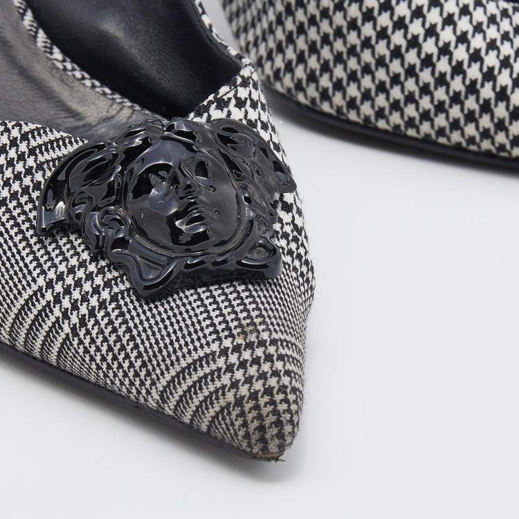 Pre Owned Versace Black/White Houndstooth Fabric Palazzo Medusa Slingback Sandals Size 40