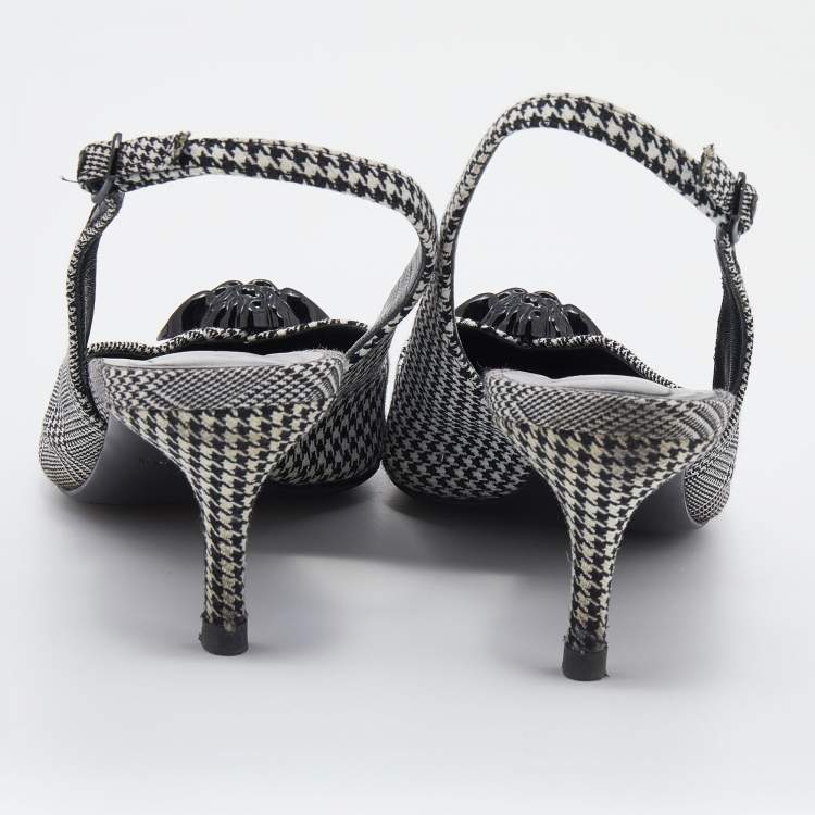 Pre Owned Versace Black/White Houndstooth Fabric Palazzo Medusa Slingback Sandals Size 40