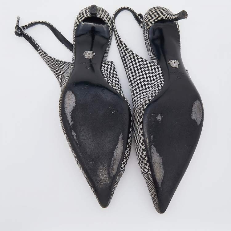 Pre Owned Versace Black/White Houndstooth Fabric Palazzo Medusa Slingback Sandals Size 40