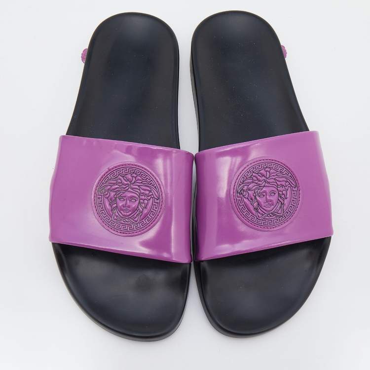 Pre Owned Versace Pink Leather Medusa Flat Slide Sandals Size 39