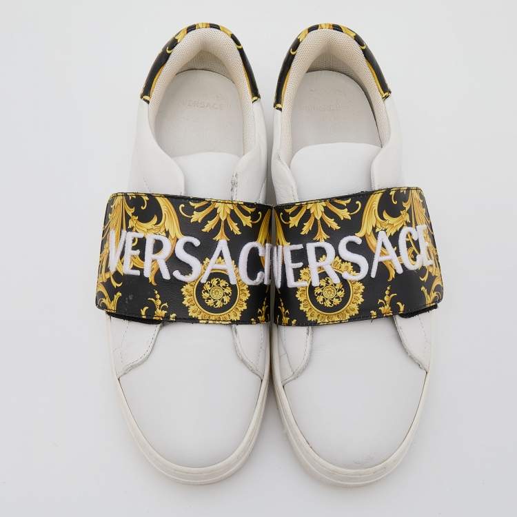 Pre Owned Versace White Leather Baroque Printed Logo Low Top Sneakers Size 39
