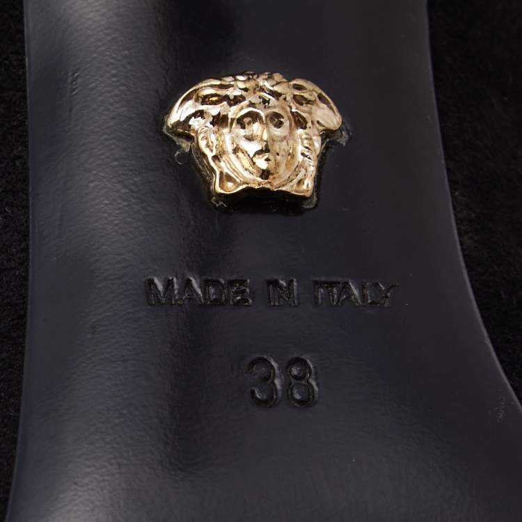 Pre Owned Versace Black Suede Medusa Zip Mule Sandals Size 38