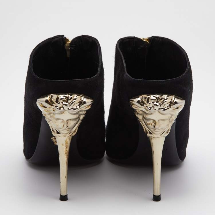 Pre Owned Versace Black Suede Medusa Zip Mule Sandals Size 38