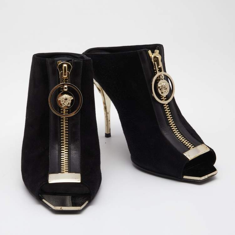 Pre Owned Versace Black Suede Medusa Zip Mule Sandals Size 38