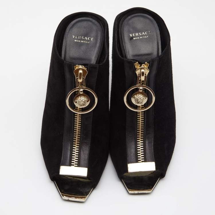 Pre Owned Versace Black Suede Medusa Zip Mule Sandals Size 38