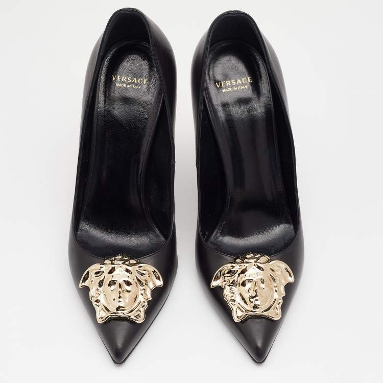 Pre Owned Versace Black Leather Medusa Embellished Pointed Toe Pumps Size 38