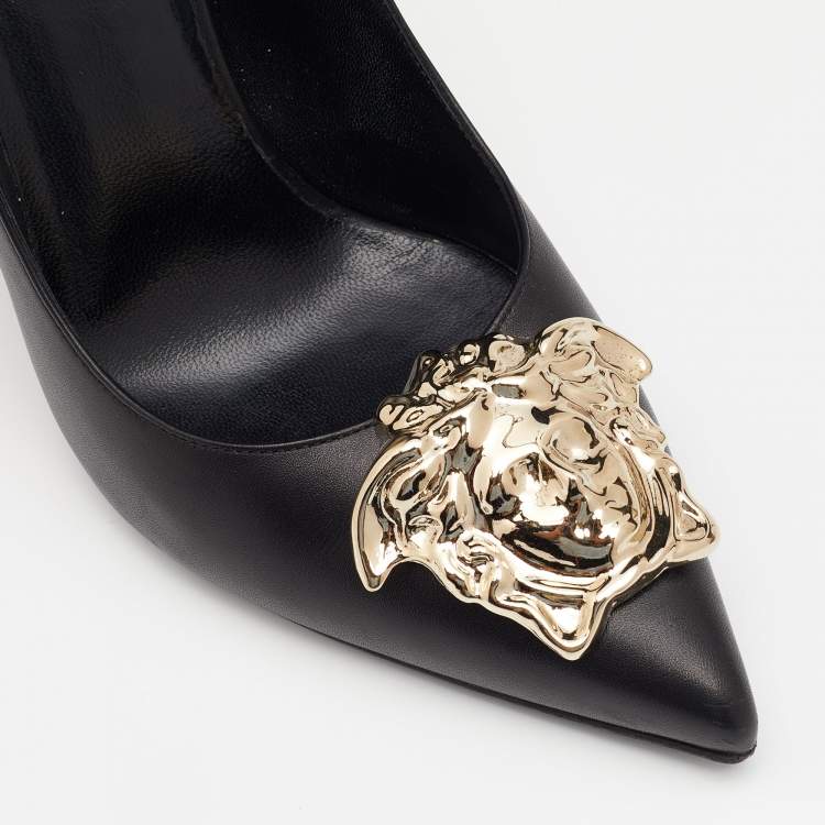 Pre Owned Versace Black Leather Medusa Embellished Pointed Toe Pumps Size 38