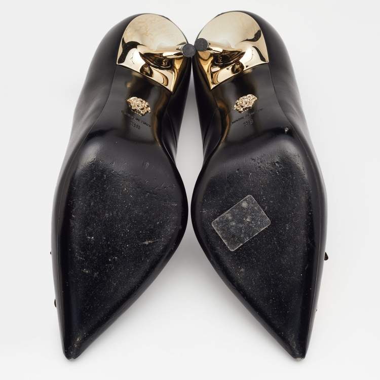 Pre Owned Versace Black Leather Medusa Embellished Pointed Toe Pumps Size 38