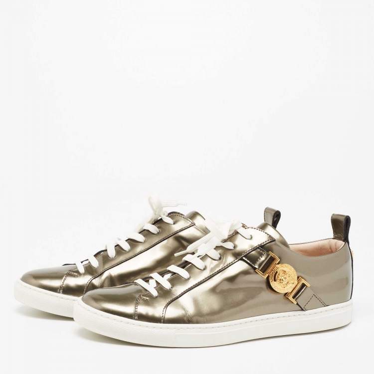 Pre Owned Versace Metallic Bronze Patent Medusa Embellished Low Top Sneakers Size 38