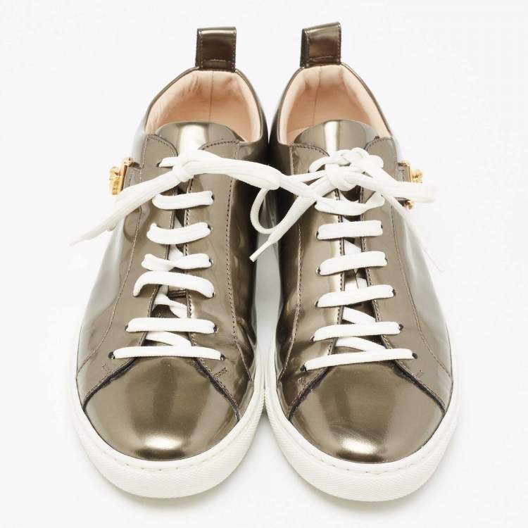 Pre Owned Versace Metallic Bronze Patent Medusa Embellished Low Top Sneakers Size 38