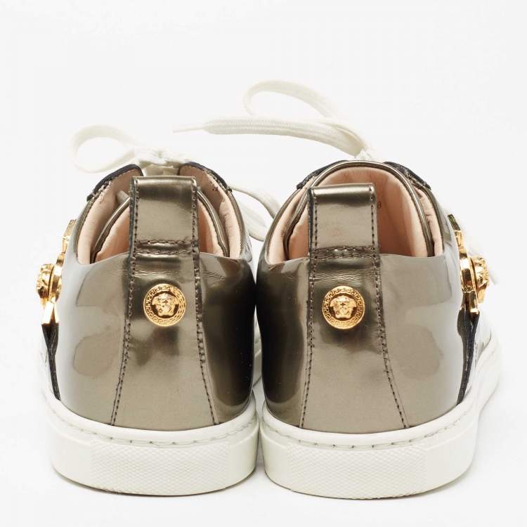 Pre Owned Versace Metallic Bronze Patent Medusa Embellished Low Top Sneakers Size 38