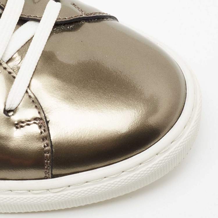 Pre Owned Versace Metallic Bronze Patent Medusa Embellished Low Top Sneakers Size 38