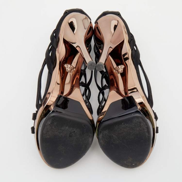 Pre Owned Versace Black Satin Strappy Sandals Size 37