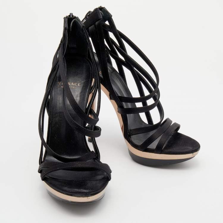 Pre Owned Versace Black Satin Strappy Sandals Size 37