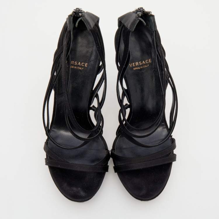 Pre Owned Versace Black Satin Strappy Sandals Size 37