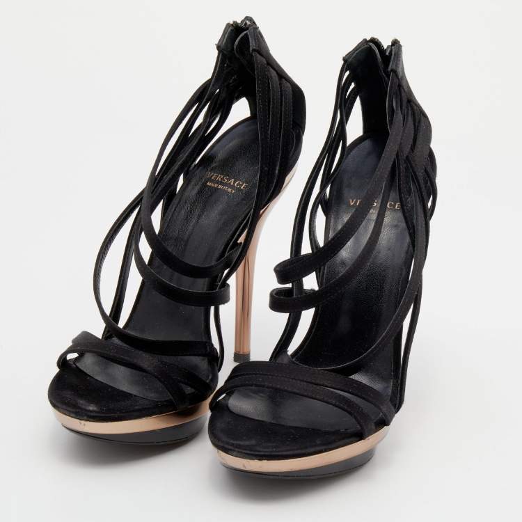 Pre Owned Versace Black Satin Strappy Sandals Size 37