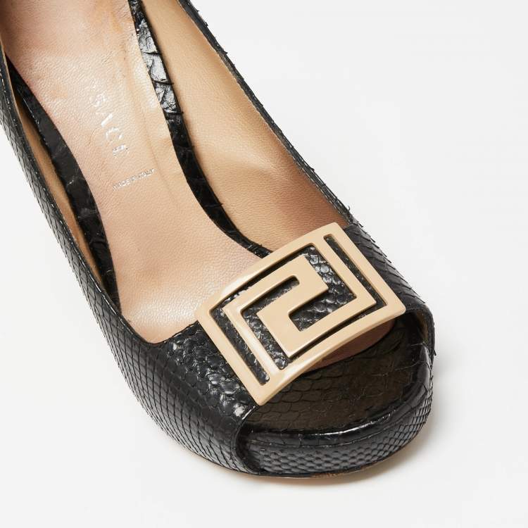 Pre Owned Versace Black Snakeskin Embossed Leather Open Toe Pumps Sze 36.5