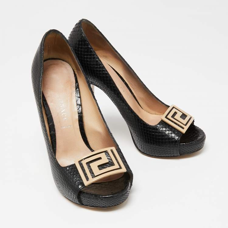 Pre Owned Versace Black Snakeskin Embossed Leather Open Toe Pumps Sze 36.5