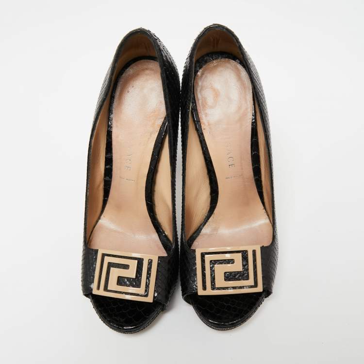 Pre Owned Versace Black Snakeskin Embossed Leather Open Toe Pumps Sze 36.5