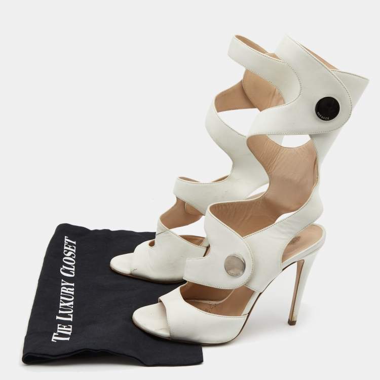 Pre Owned Versace White Leather Cutout Calf Length Sandals 39