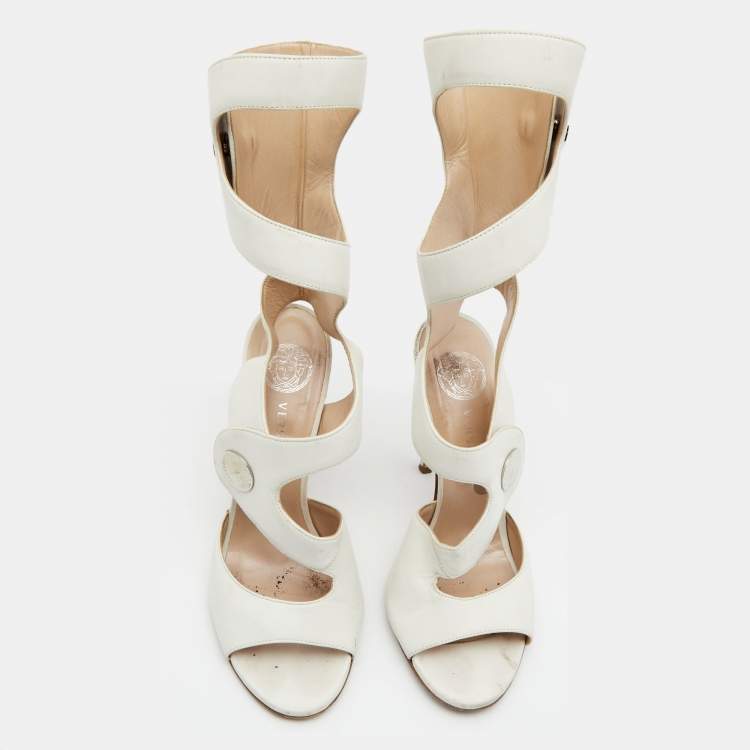 Pre Owned Versace White Leather Cutout Calf Length Sandals 39