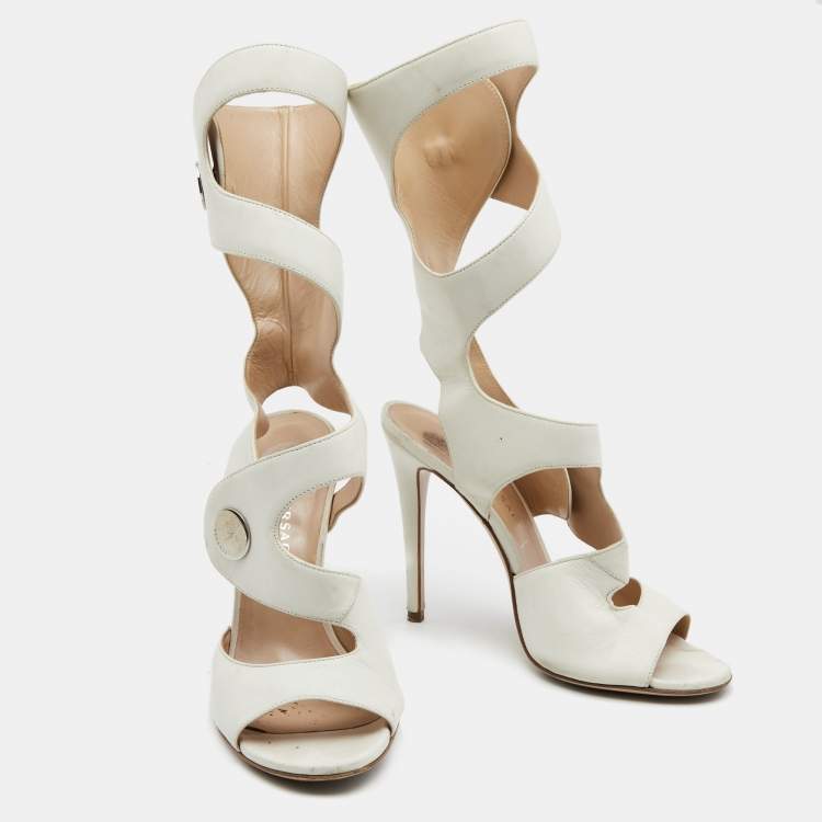 Pre Owned Versace White Leather Cutout Calf Length Sandals 39