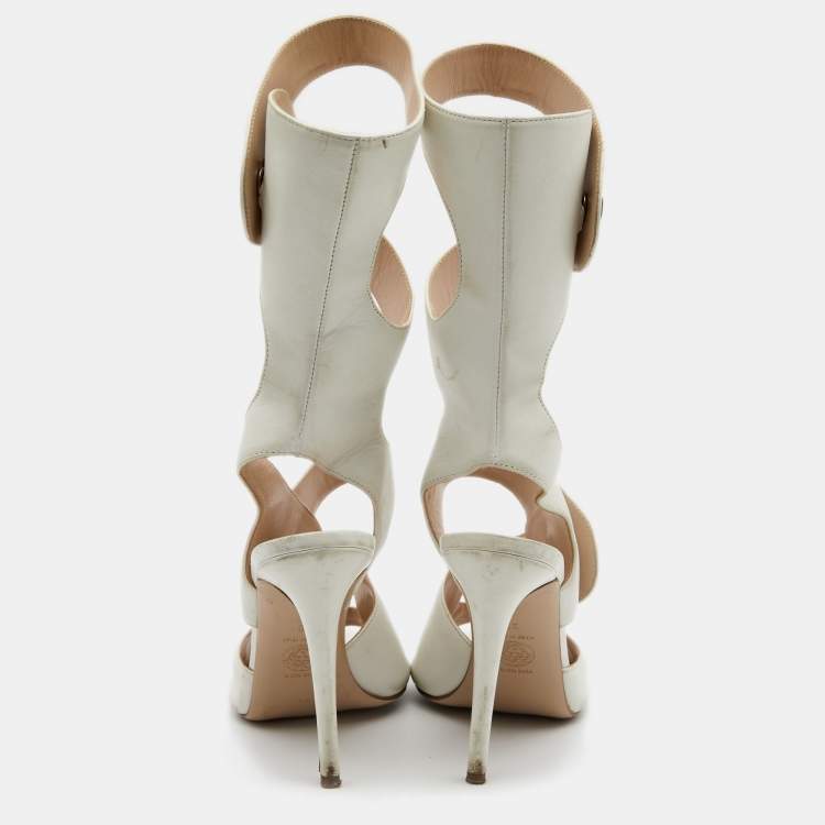 Pre Owned Versace White Leather Cutout Calf Length Sandals 39
