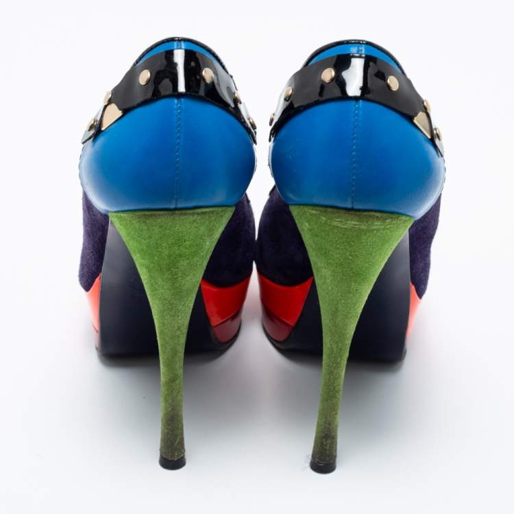 Pre Owned Versace Multicolor Suede And Leather Pointed Toe Platform Pumps Size 36