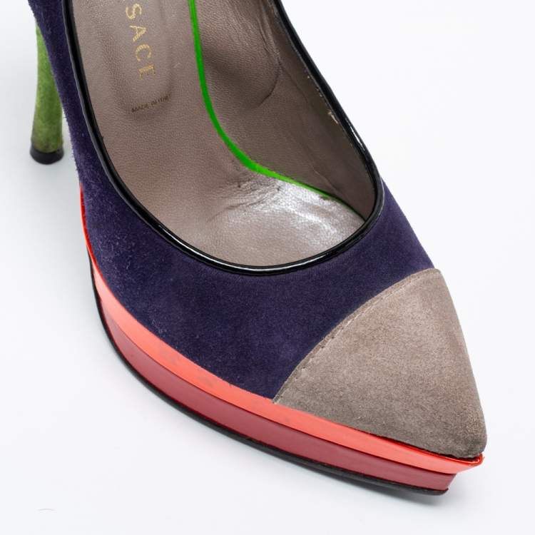 Pre Owned Versace Multicolor Suede And Leather Pointed Toe Platform Pumps Size 36