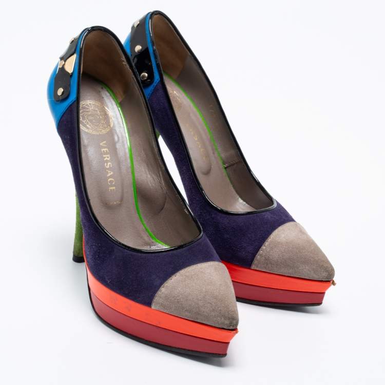 Pre Owned Versace Multicolor Suede And Leather Pointed Toe Platform Pumps Size 36