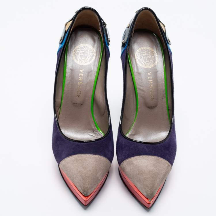 Pre Owned Versace Multicolor Suede And Leather Pointed Toe Platform Pumps Size 36
