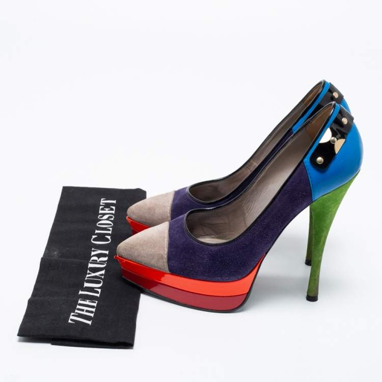 Pre Owned Versace Multicolor Suede And Leather Pointed Toe Platform Pumps Size 36