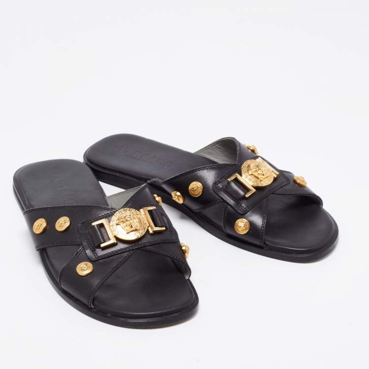 Pre Owned Versace Black Medusa Logo Embellished Leather Slide Sandals Size 40