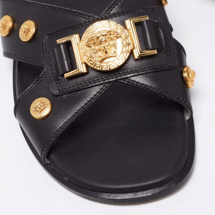 Pre Owned Versace Black Medusa Logo Embellished Leather Slide Sandals Size 40