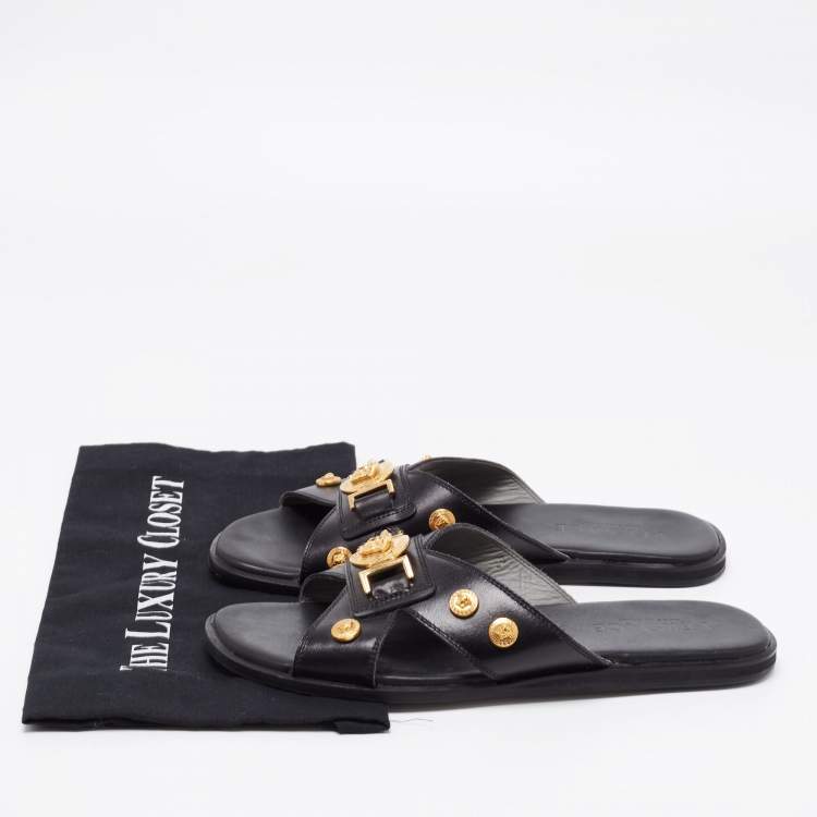 Pre Owned Versace Black Medusa Logo Embellished Leather Slide Sandals Size 40